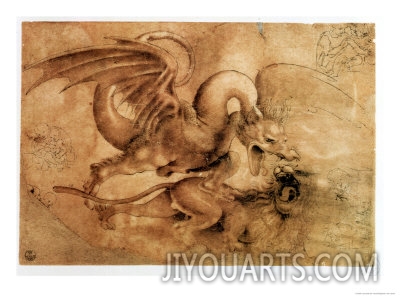 leonardo da vinci fight between a dragon and a lion