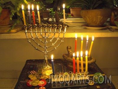 eitan simanor jewish festival of hanukkah three hanukiah with four candles each jerusalem israel middle east