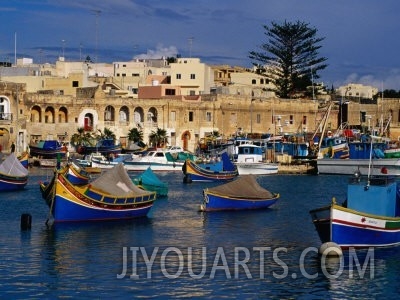 Luzzus, Traditional Fishing Boats Moored in Harbour, Marsaxlokk, Malta