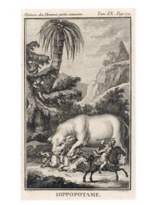 An Extraordinary Depiction of a Hippopotamus Savaging Hunters in an Exotic Landscape