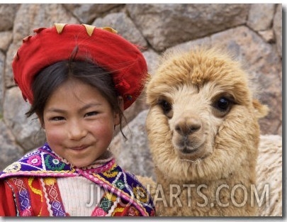 Girl in Native Dress with Baby Alpaca, Sacsayhuaman Inca Ruins, Cusco, Peru
