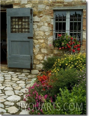 Flowers Line the Path and Adorn a Window of a Tuscan Villa, Tuscany, Italy