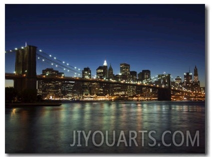 Manhattan Skyline and Brooklyn Bridge at Dusk, New York City, New York, USA