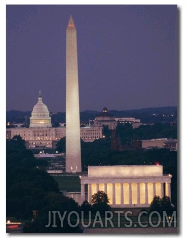 A Night View of the Lincoln Memorial, Washington Monument, and Capitol Building