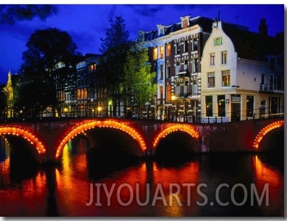 Illuminated Canal and Houses, Amsterdam, North Holland, Netherlands