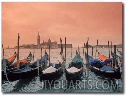 Sunset on Gondolas and Grand Canal, Venice, Italy