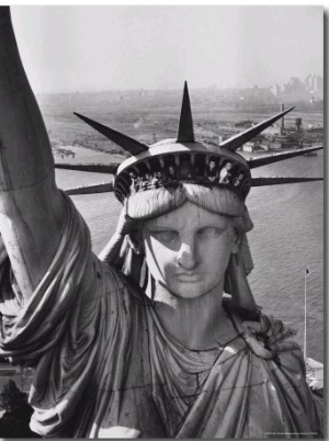 Sightseers Hanging Out Windows in Crown of Statue of Liberty with NJ Shore in the Background