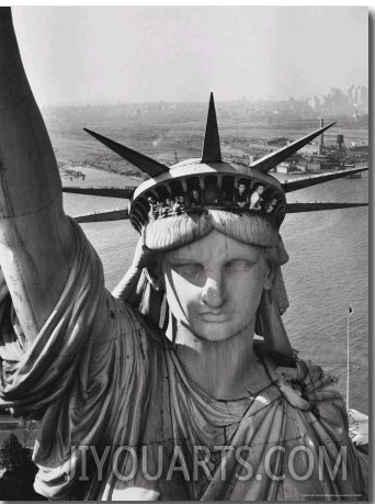 Sightseers Hanging Out Windows in Crown of Statue of Liberty with NJ Shore in the Background