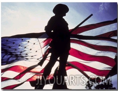 Silhouette of Soldier in Front of Flag