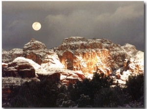 Moon Above Snow Covered Boynton Canyon, Sedona, Arizona, USA