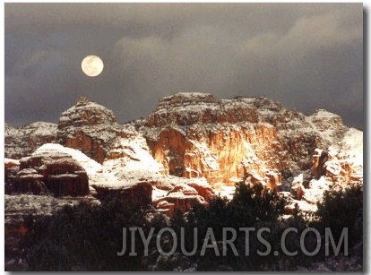 Moon Above Snow Covered Boynton Canyon, Sedona, Arizona, USA