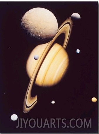 Montage of Saturn and Satellites Taken by Voyager 1 and 2, Titan Iapetus and Tethys Mimas and Rhea