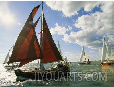 Red Sailed Sailboat and Others in a Race on the Chesapeake Bay