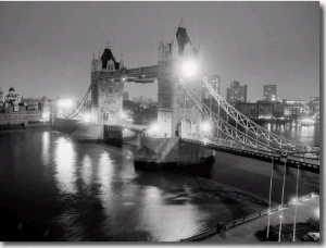 A View of Tower Bridge on the River Thames Illuminated at Night in London, April 1987