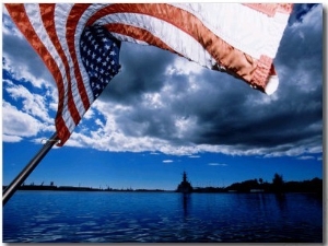 American Flag and Uss Missouri at Pearl Harbour, USA