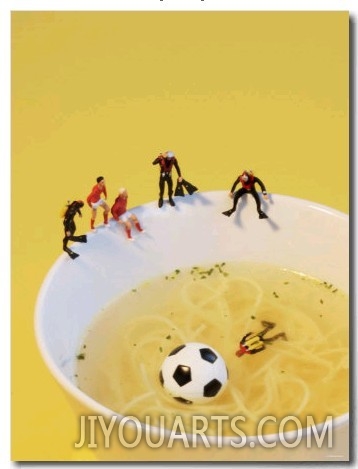 Footballers Looking for Ball in Noodle Soup Pond