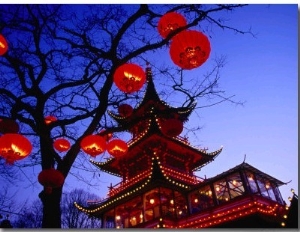 Chinese Pagoda and Tree Lanterns in Tivoli Park, Copenhagen, Denmark