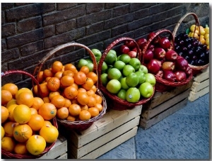 Six Baskets of Assorted Fresh Fruit for Sale at a Siena Market, Tuscany, Italy