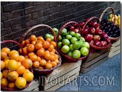 Six Baskets of Assorted Fresh Fruit for Sale at a Siena Market, Tuscany, Italy