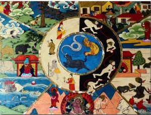 Detail of Painting at Entrance to Prayer Hall, Pemayangste Monastery, Pemayangtse, Sikkim, India