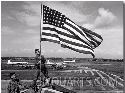 Soldiers Raising American Flag at Atsugi Airbase as First American Occupation Forces Arrive