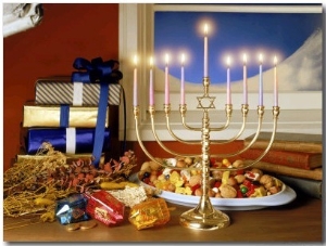 Menorah with Toys, Candy, and Gifts in Background