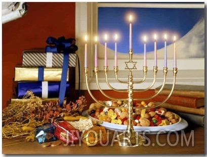 Menorah with Toys, Candy, and Gifts in Background