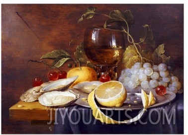 A Roemer, a Peeled Half Lemon on a Pewter Plate, Oysters, Cherries and an Orange on a Draped Table