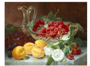 Still Life of Raspberries in a Glass Bowl