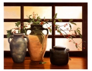 Olive Jar with Red Berry Branches