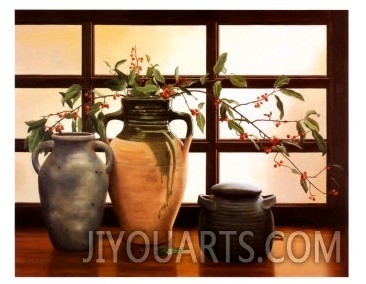 Olive Jar with Red Berry Branches