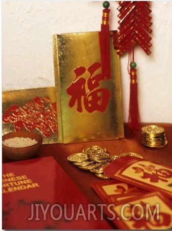 Chinese Good Luck Symbols for New Year (Gold Coins & Rice)