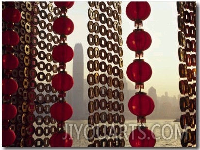 Curtain of Chinese New Year Decorations Frame a View of Victoria Harbour from Tsim Sha Tsui, in Hon
