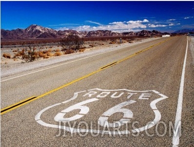 Route 66 Sign on Highway Near Amboy, Mojave Desert, California