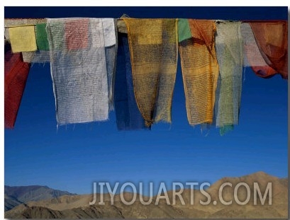 A Line of Multi Colored Prayer Flags Sway in the Gentle Breeze in Ladakh