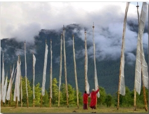 Monks with Praying Flags, Phobjikha Valley, Gangtey Village, Bhutan