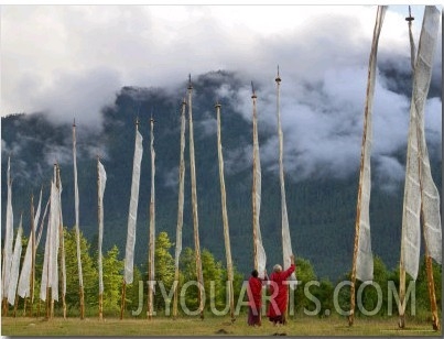 Monks with Praying Flags, Phobjikha Valley, Gangtey Village, Bhutan