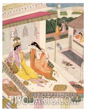 Krishna and Radha on a Bed in a Mogul Palace, Punjab, c.1860