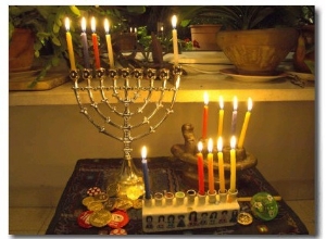 Jewish Festival of Hanukkah, Three Hanukiah with Four Candles Each, Jerusalem, Israel, Middle East