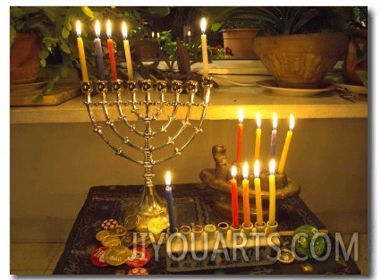 Jewish Festival of Hanukkah, Three Hanukiah with Four Candles Each, Jerusalem, Israel, Middle East