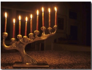 Menorah with Candles, Lit for Chanukah, Bellevue, Washington, USA