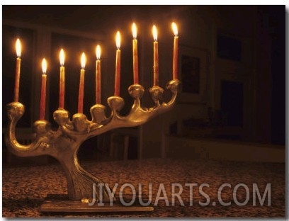 Menorah with Candles, Lit for Chanukah, Bellevue, Washington, USA