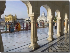 Group of Sikh Women Pilgrims Walking Around Holy Pool, Golden Temple, Amritsar, Punjab State, India