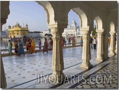 Group of Sikh Women Pilgrims Walking Around Holy Pool, Golden Temple, Amritsar, Punjab State, India
