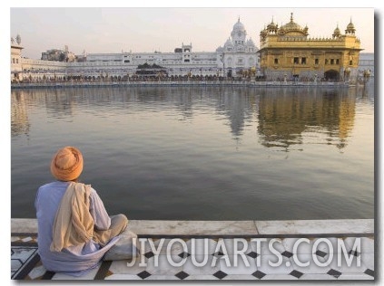 Sikh Pilgrim in Open Window of Hari Mandir in Golden Temple Complex, Amritsar, Punjab, India