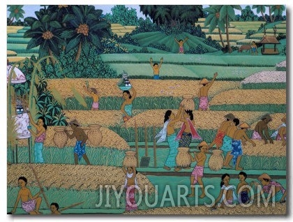 Painting of People Harvesting in Rice Fields, Neka Museum, Ubud, Island of Bali, Indonesia