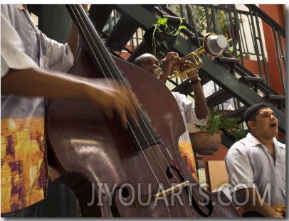 Counterbass with Trumpet Player, Part of Traditional Band Playing in a Cafe, Habana Vieja, Cuba