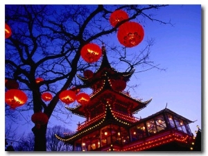 Chinese Pagoda and Tree Lanterns in Tivoli Park, Copenhagen, Denmark