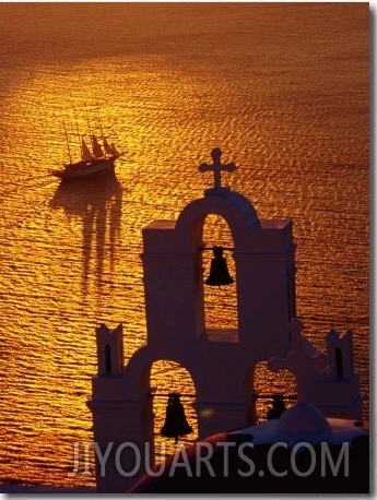 Sailing Ship and Church Bells at Sunset, Greece
