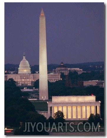 A Night View of the Lincoln Memorial, Washington Monument, and Capitol Building